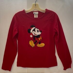Disney Red Long Sleeve Mickey Mouse Tee Shirt Medium Sequined Christmas